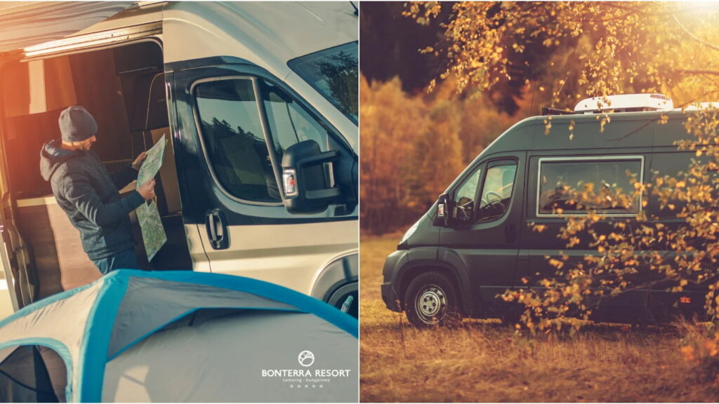 Hombre mirando plano antes de prepararse para dormir seguro en su autocaravana