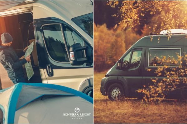 Hombre mirando plano antes de prepararse para dormir seguro en su autocaravana